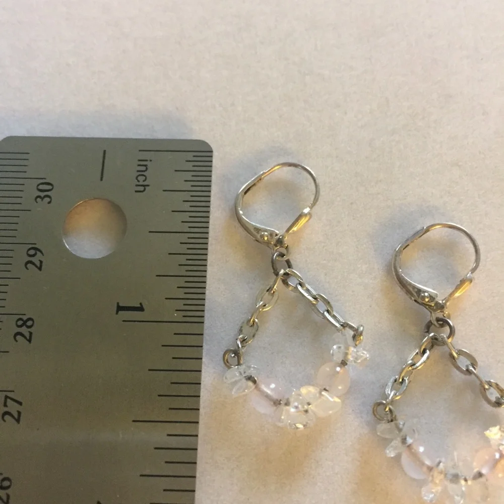 HAND CRAFTED Earrings Silver Plated Chain Rose Quartz Clear Quartz Chips